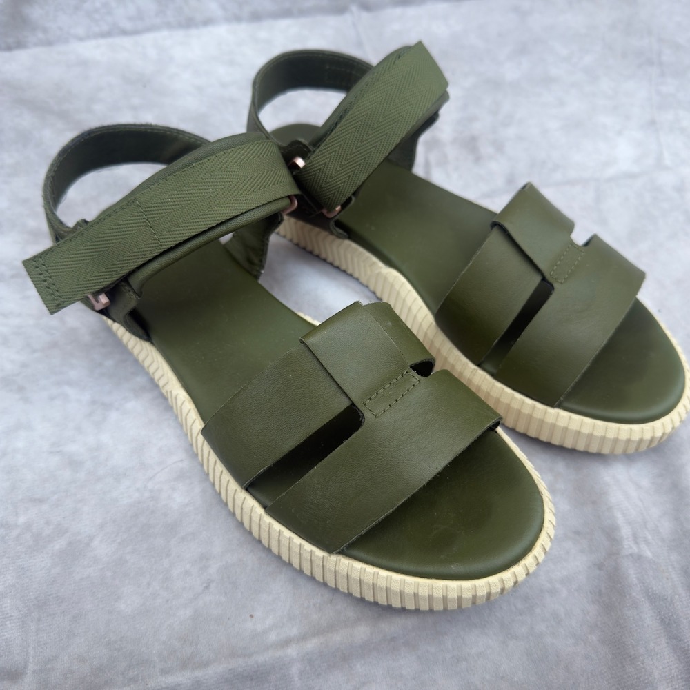 Sorel Roaming Multi Strap Olive Green Leather Platform Sandals Womens 7